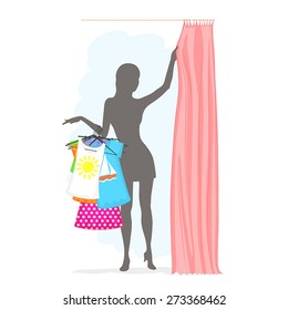 Slender Woman Is Holding Many Clothes On Hangers And Pulling The Curtain In The Fitting Room. Summer Female Shopping.