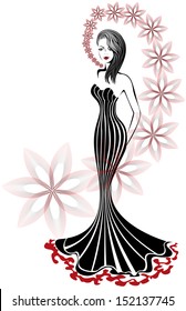 slender woman in a long dress on a white background with a floral swirl