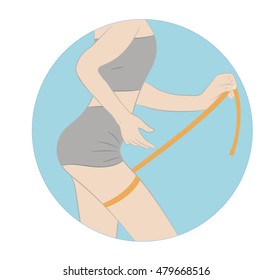 slender woman measures the size of her thigh with tape, hand drawing vector illustration in circle 