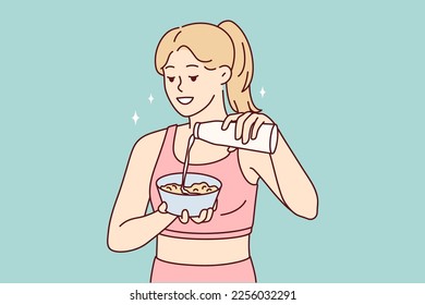 Slender woman preparing healthy breakfast adding milk to plate after morning fitness or sports. Beautiful girl in jogging clothes makes delicious lunch for protein diet. Flat vector design 