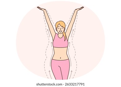 Slender woman raises hands up and smiles standing among lines demonstrating figure before losing weight. girl boasts of results after losing weight with help of fitness or diet