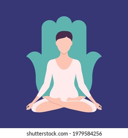 slender woman sits in the lotus position. vector flat illustration. yoga, meditation. female character without a face.