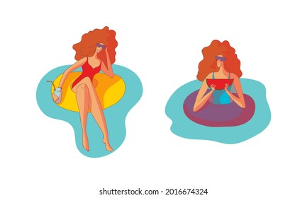 Slender Woman in Sunglasses Sitting in Rubber Ring Drinking Cocktail and Eating Watermelon Vector Set
