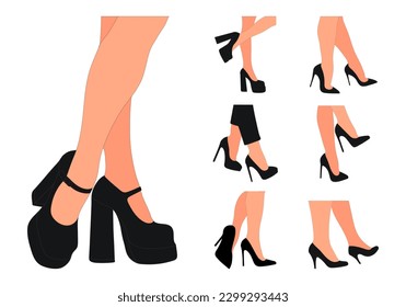 Slender, young female legs in a pose. Shoes stilettos, high heels. Walking, standing, running, jumping, dance. Women shoe model