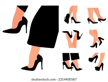 Slender, piernas femeninas jóvenes en una pose. Estilettos de zapatos, tacones altos. Caminar, pararse, correr, saltar, bailar. Modelo de calzado femenino