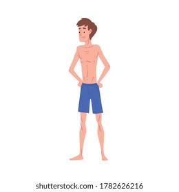 Slender Young Man in Shorts, Front View Cartoon Style Vector Illustration on White Background