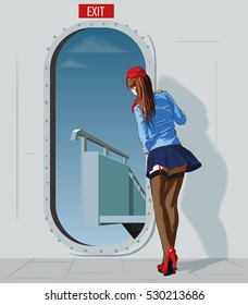 Slender Young Stewardess In A Very Short Skirt At The Door Meets The Ramp