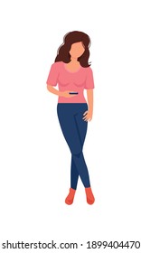 Slender young woman in full height in home clothes, isolated on a white background. Beautiful girl is holding a smartphone in her hand. Vector illustration