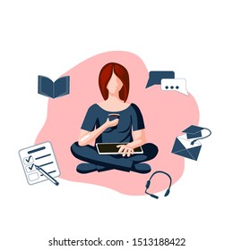 Slender young woman sitting cross-legged with tablet on lap, icons of book, to-do list, envelope, headphones. Concept of online learning, home schooling, distance education, freelance job. Vector