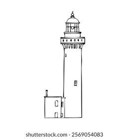 Slepikovsky Lighthouse vector ink pen illustration isolated on white background, decorative beacon outline travel sign, Sakhalin Island, Far East, Russia for print design