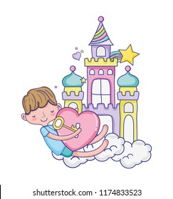 slepping boy with heart in the castle and clouds
