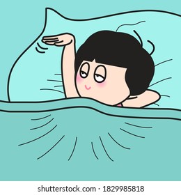 Sleppy Girl Showing Her Go Away Hand Gesture To Someone While Lying In Bed. Woman Doesn't Want To Wake Up. Leave Me Alone And Let Me Sleep Concept Card Character illustration