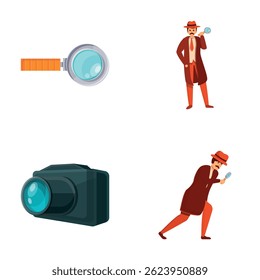 Sleuth icons set cartoon vector. Private detective at work. Pursuit, crime detection