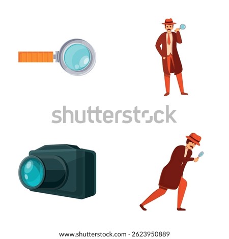 Sleuth icons set cartoon vector. Private detective at work. Pursuit, crime detection