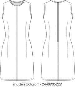 cuello redondo sin mangas cuello redondo cuello redondo con cremallera corta longitud de la rodilla clásica plantilla de vestido de vaina básica dibujo técnico dibujo plano tarjeta de maqueta de moda mujer diseño estilo modelo 