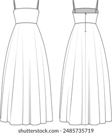 sleveless square neck shoulder spaghetti straps strapped strappy fit and flared midi long maxi gown wedding dress template technical drawing flat sketch cad mockup fashion woman design style model