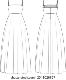 ärmellos quadratischen Hals Schulter Spaghetti Riemen Strapped Strappy Fit und aufgeweitet midi lange Maxi Kleid Hochzeit Kleid Vorlage technische Zeichnung flache Skizze Cad Mockup Mode Frau Design Stil Modell