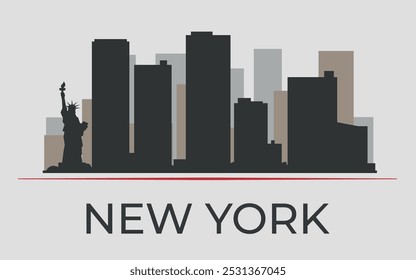 La silueta del Nuevo horizonte de la ciudad de York está enfatizada por una línea roja. Vector sobre un fondo gris