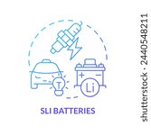 SLI batteries blue gradient concept icon. Accumulator sustainability. Electric vehicle. Battery life span. Round shape line illustration. Abstract idea. Graphic design. Easy to use in brochure