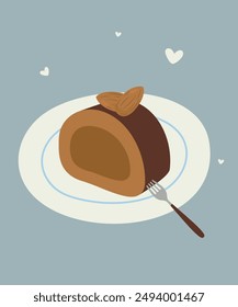 Rebanada de almendra, pastel de chocolate en un plato y tenedor