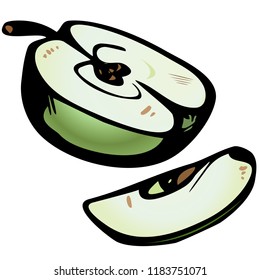 A slice of apple lies next to half the fruit. A sharp contour creates the sensation of the acid of this apple.
