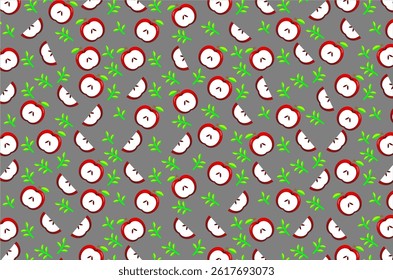 Slice apple pattern background. Red apple slices pattern. Half apple slice with green leaves pattern. Apple slices illustration. Summer fruits pattern illustration. Healthy fruits design.