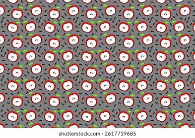 Slice apple pattern background. Red apple slices pattern. Half apple slice with green leaves pattern. Apple slices illustration. Summer fruits pattern illustration. Healthy fruits design.