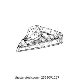 Slice of apple pie served with ice cream on top vector illustration. Graphic homemade fruit tart dessert monochrome line art black and white drawing. For cooking book design, menu, decor.