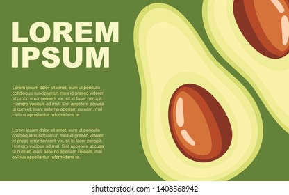 Slice of avocados. Half cut juicy avocado. Flat vector illustration. Vegetarian, vegan Healthy organic food. Advertising flyer or greetings card design. Horizontal banner.