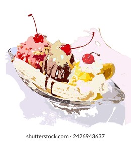 A slice of banana with ice cream and red cherries on top. delicious ice cream dessert with fruit.
