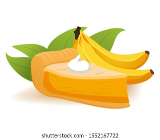 Slice of banana pie with topping whipped cream. Tropical fruit dessert concept. Realistic vector illustration.