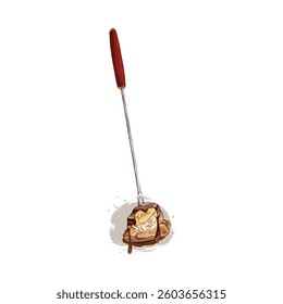 Slice of bananas and madeleine cookie in melted dark chocolate on the skewer with melted chocolate hand drawn vector illustration. Sweet snack, fondue dessert. Fork stick with fruit piece and biscuit