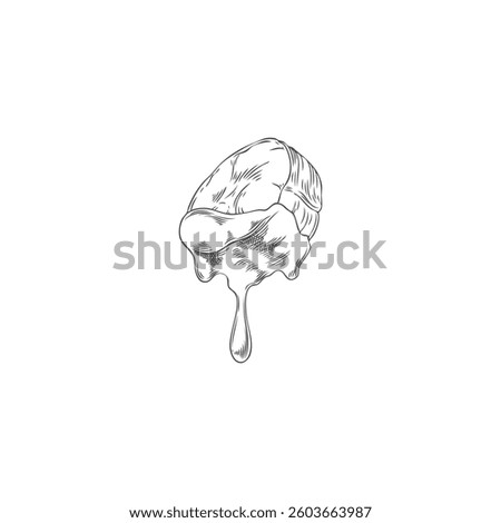 Slice of bananas in melted chocolate hand drawn vector engraved illustration. Fondue sketch. Tropical fresh fruit piece in dripping cream cheese. Bananas sweet snack. Natural dessert ink icon isolated