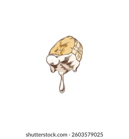 Slice of bananas in melted white chocolate hand drawn vector illustration. Tropical fresh fruit piece in dripping cheese sketch. Bananas sweet snack, ingredient for fondue. Natural dessert isolated
