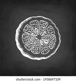 Slice of bergamot orange. Chalk sketch on blackboard background. Hand drawn vector illustration. Retro style.