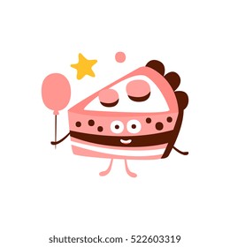 Slice Of Birthday Cake With Balloon Children Birthday Party Attribute Cartoon Happy Humanized Character In Girly Colors