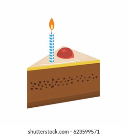 slice of birthday cake with beautiful cherry garnish and candles. vector illustration