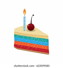 slice of birthday cake with beautiful cherry garnish and candles. vector illustration
