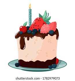 A slice of birthday cake with a burning candle. Sweet birthday cake with berries and chocolate. A small delicious cheesecake is on a blue saucer. Vector illustration isolated on white background. 