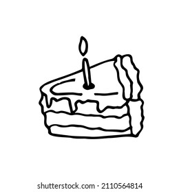 Slice of birthday cake with candle, Happy Birthday greeting card design with hand drawn doodles. Cute cartoon vector clip art illustration.