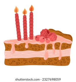 Slice of birthday cake with candle. Happy Birthday greeting card design with hand drawn doodles. Vector Illustration 