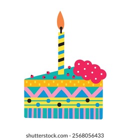 Slice of birthday cake with candle. Happy Birthday greeting card design element. Cute illustration.