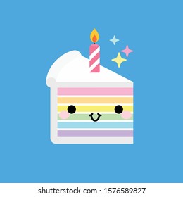 Slice birthday cake with candle. In kawaii style with smiling face and pink cheeks. For design, art work, design cards and web pages. Vector illustration. 