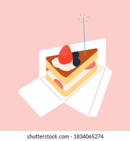 Slice of birthday cake with candle and packaging illustration