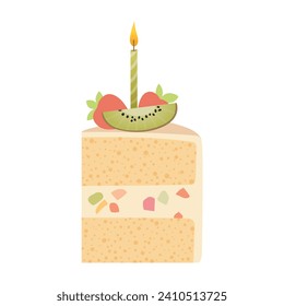 Slice of birthday cake with candle. Piece of cake for Happy Birthday greeting card, sticker, banner, and postcard. Vector illustration isolated on a white background.