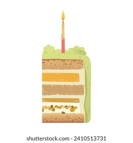 Slice of birthday cake with candle. Piece of cake for Happy Birthday greeting card, sticker, banner, and postcard. Vector illustration isolated on a white background.