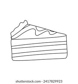 Slice of birthday cake with cream, doodle black and white vector illustration of a piece of sweet treat. Dessert for the holiday, linear art, sweet tooth, coloring page.