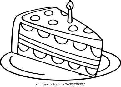 A slice of birthday cake decorated with icing and lit candle on a plate