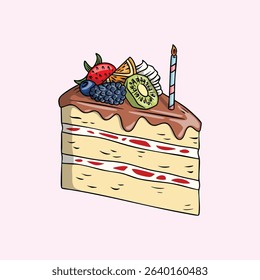 Slice of birthday cake with fruits and candle