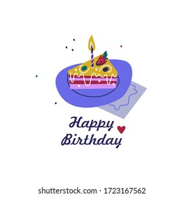Slice of birthday cake with a lit candle. Vector illustration on white background.